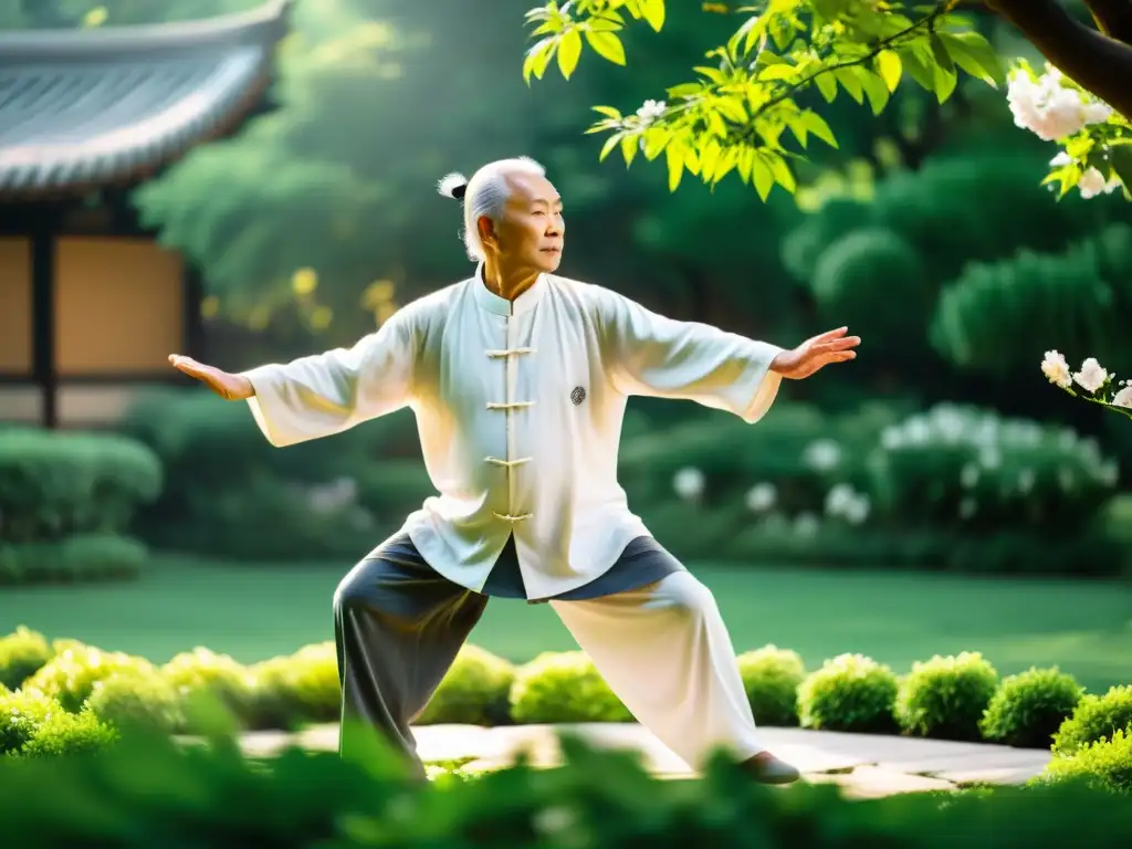 Un anciano maestro de Tai Chi practica en un jardín sereno, fusionando Tai Chi y meditación con gracia y sabiduría