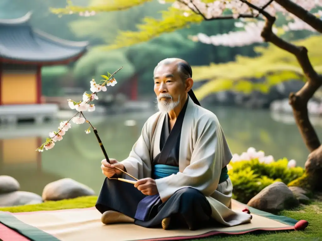 Un anciano maestro taoísta en un jardín sereno, creando caligrafía con equilibrio personal con principios taoístas