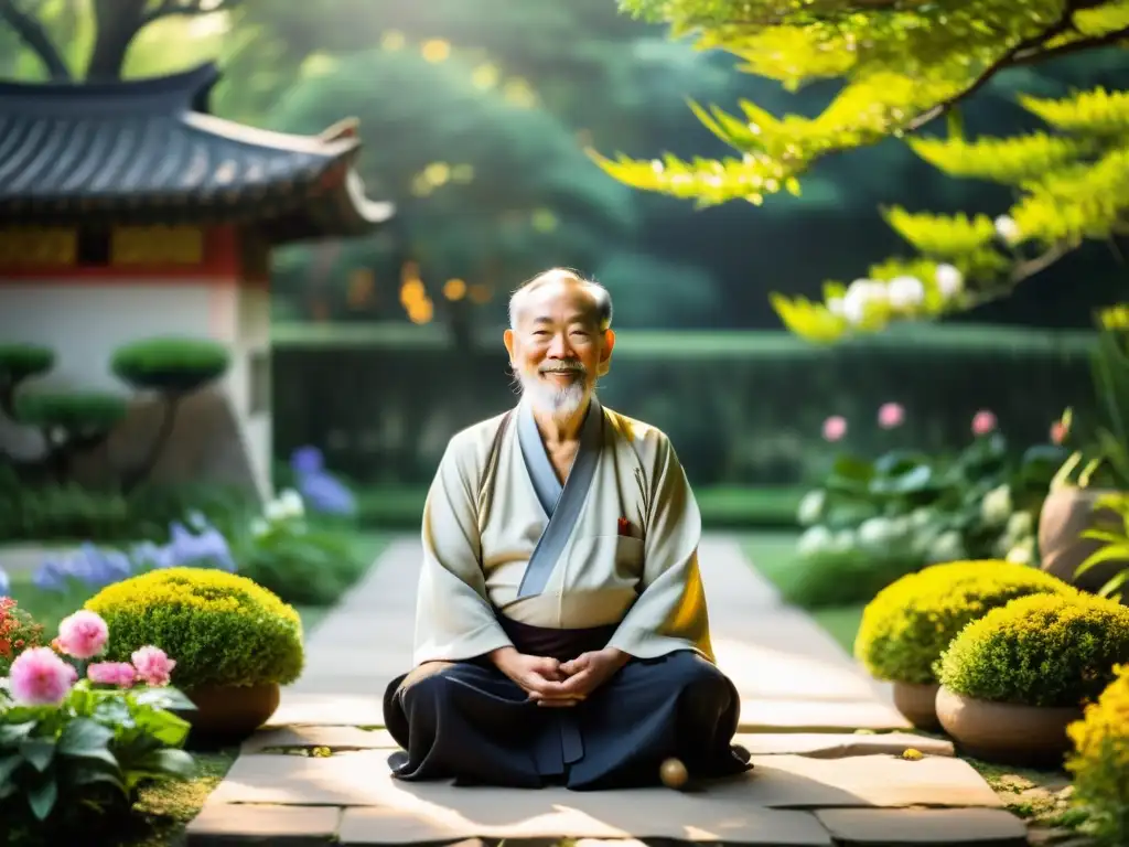 Un anciano maestro taoísta practica la Técnica de la Sonrisa Interna Taoísta en un jardín sereno, rodeado de vegetación exuberante y flores coloridas