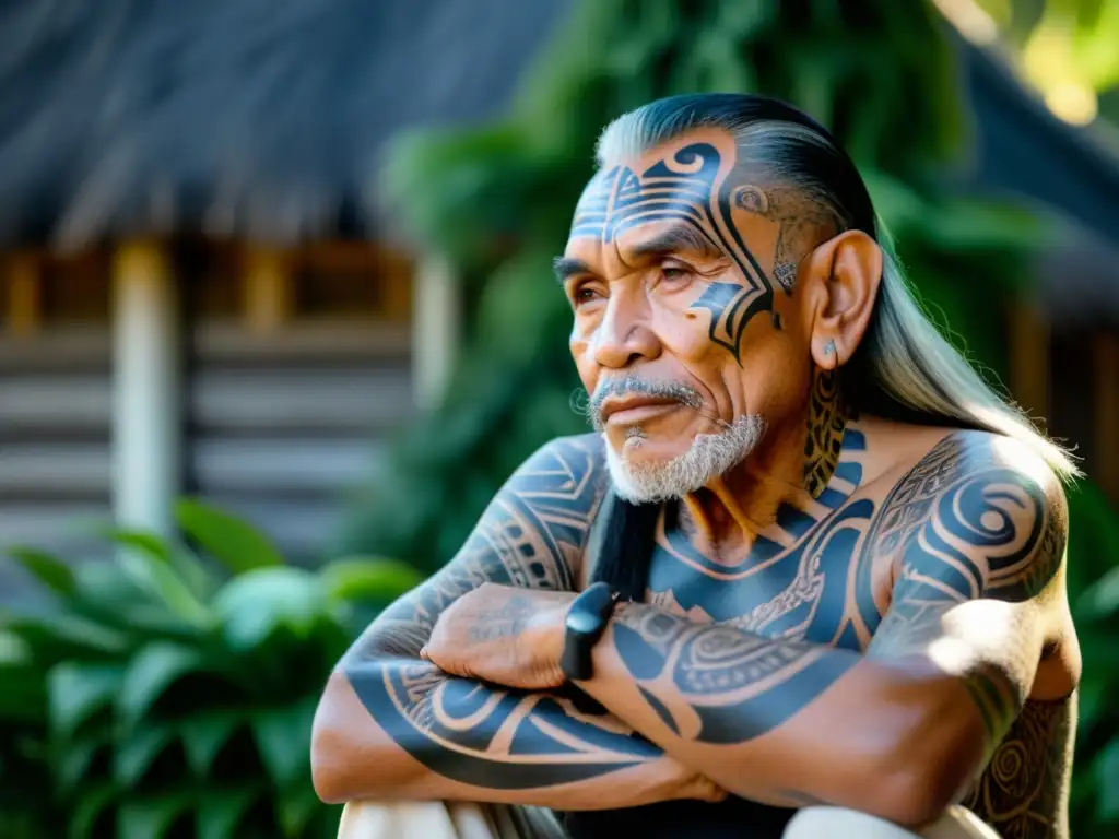 Un anciano maorí con tatuajes faciales detallados y significado medicinal, frente a una casa tribal adornada, rodeado de exuberante vegetación