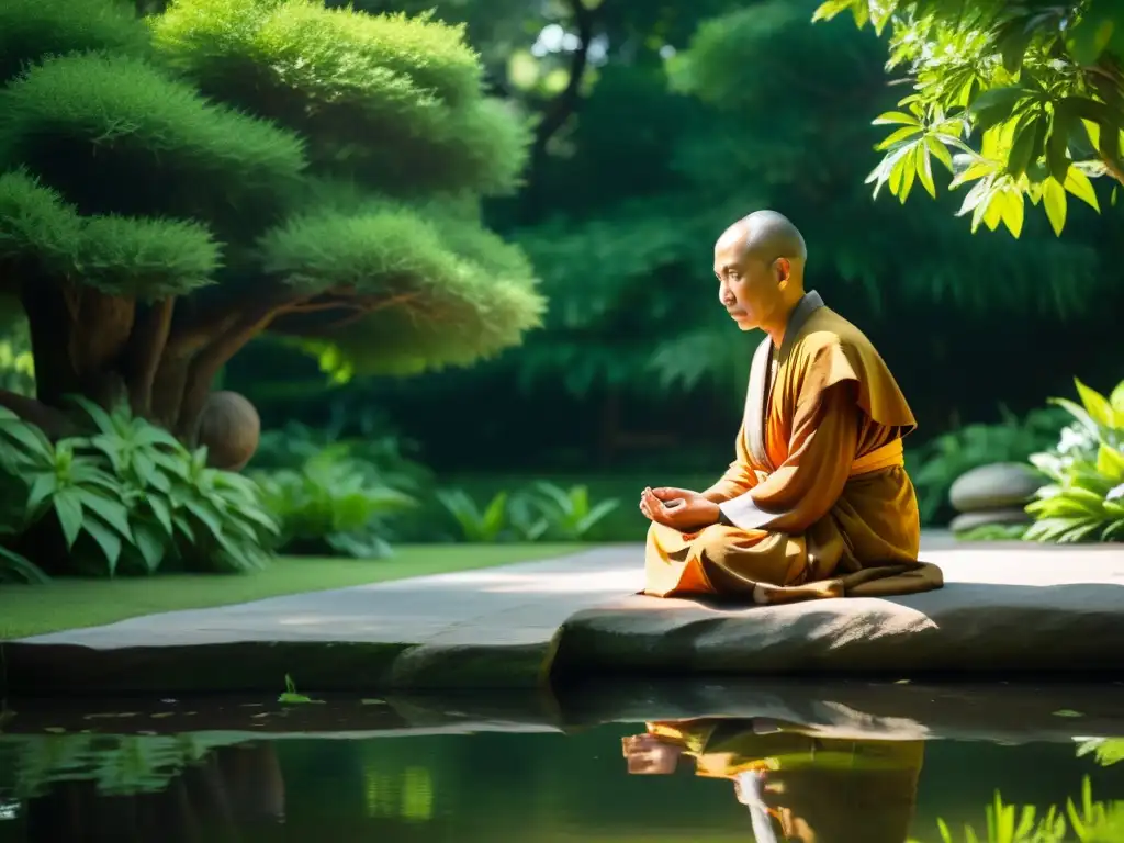 Un anciano monje medita en un jardín sereno, reflejando la sabiduría y paz del Budo y la cultura asiática