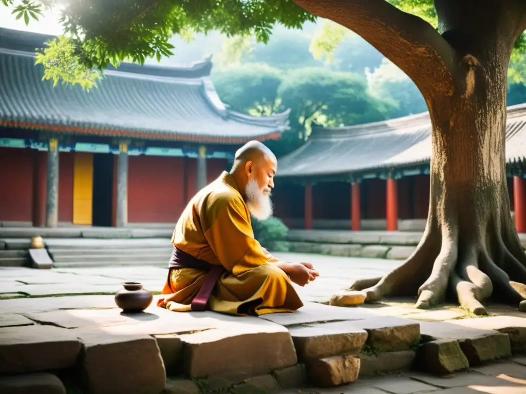 Un anciano monje Shaolin aplica técnicas de curación a su discípulo en un tranquilo templo rodeado de naturaleza exuberante y antigua arquitectura