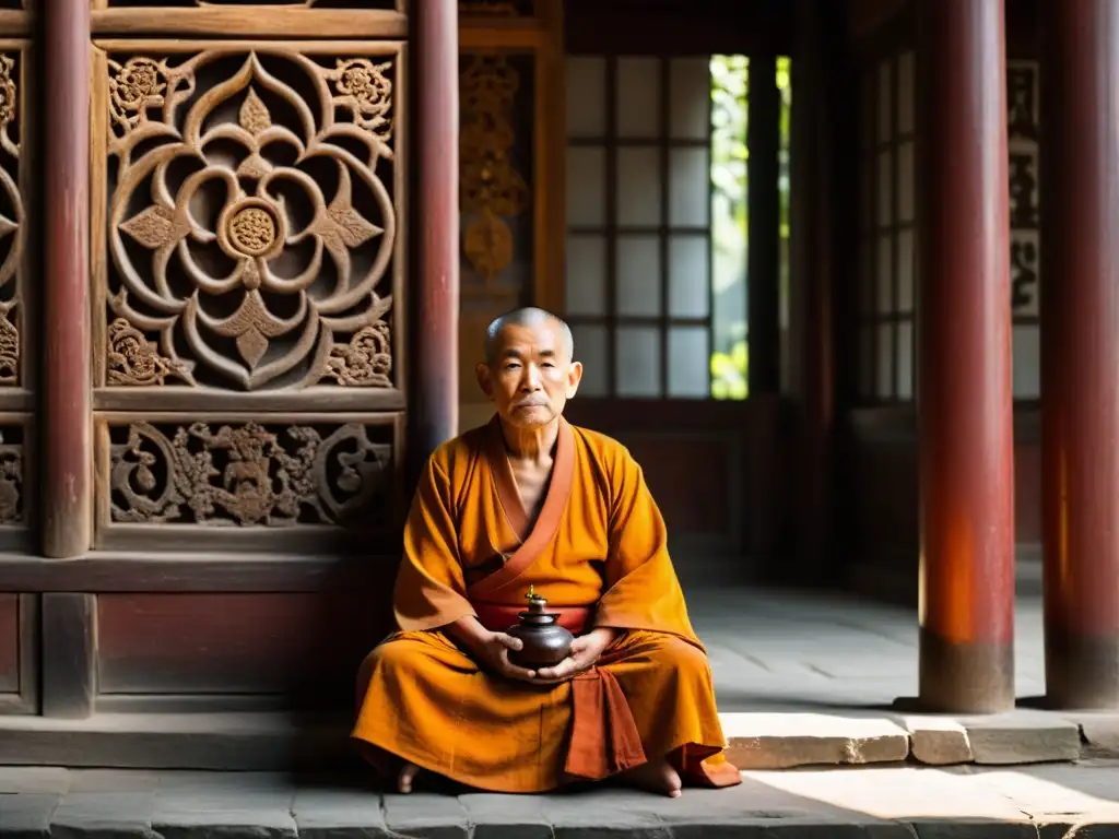 Un anciano monje Shaolin medita en un templo iluminado por la luz del sol, sosteniendo un frasco de medicina herbal