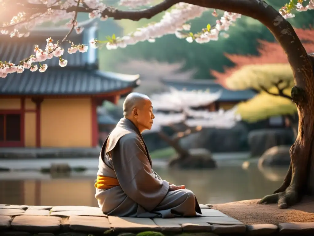 Un anciano monje medita en un jardín tranquilo al atardecer, rodeado de árboles de cerezo y antiguos templos