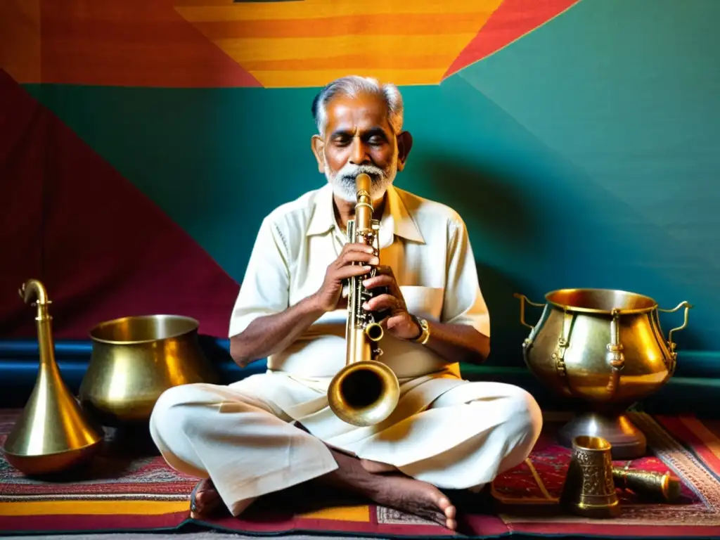 Un anciano músico indio se sienta en una alfombra colorida, rodeado de relucientes instrumentos de viento y metal