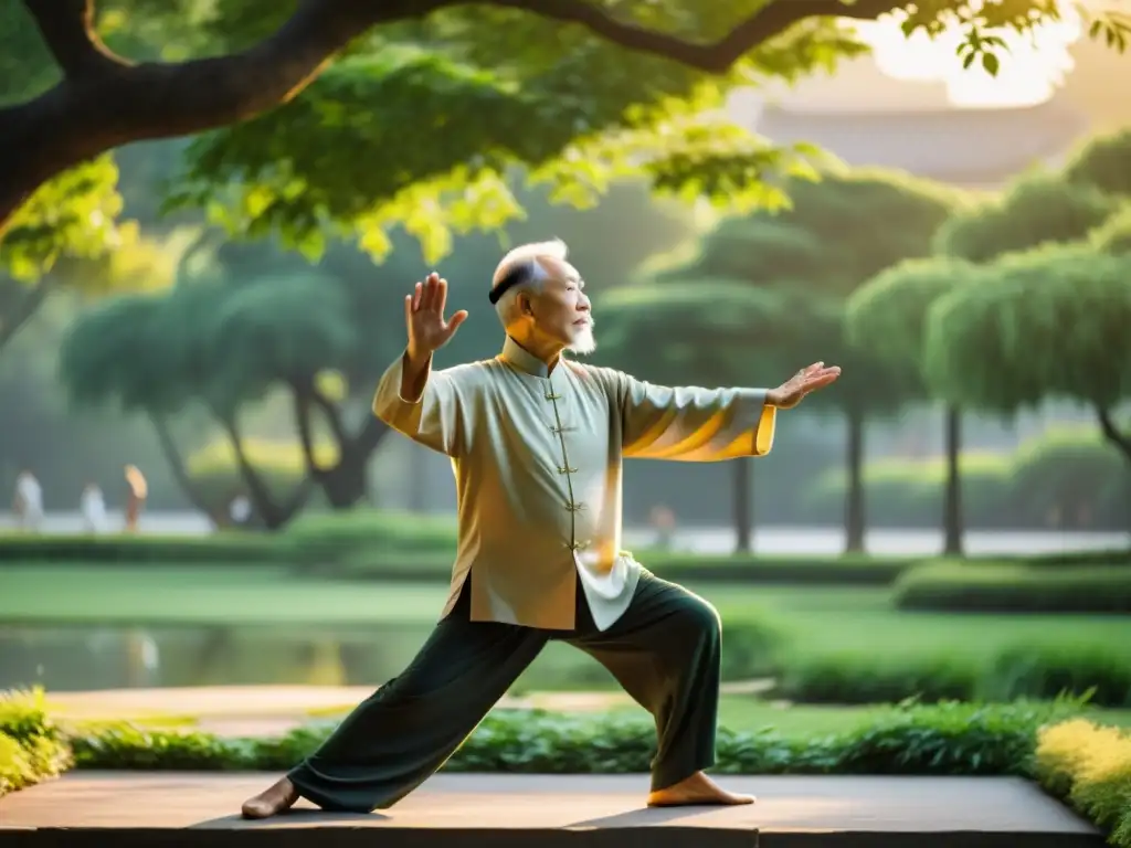 Un anciano practica Tai Chi al amanecer en un parque urbano, bañado por la suave luz dorada