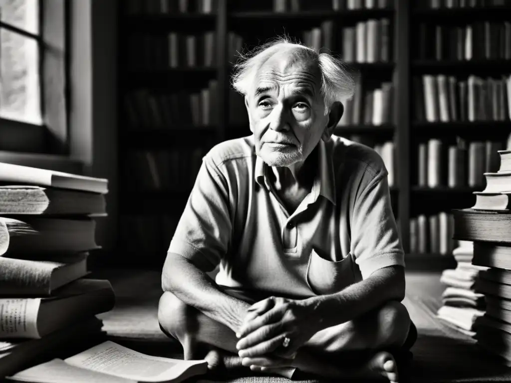 Retrato melancólico de un anciano poeta entre libros y papel Un anciano poeta se sienta en un tapete gastado, rodeado de libros y papeles arrugados, con una mirada de sabiduría y melancolía