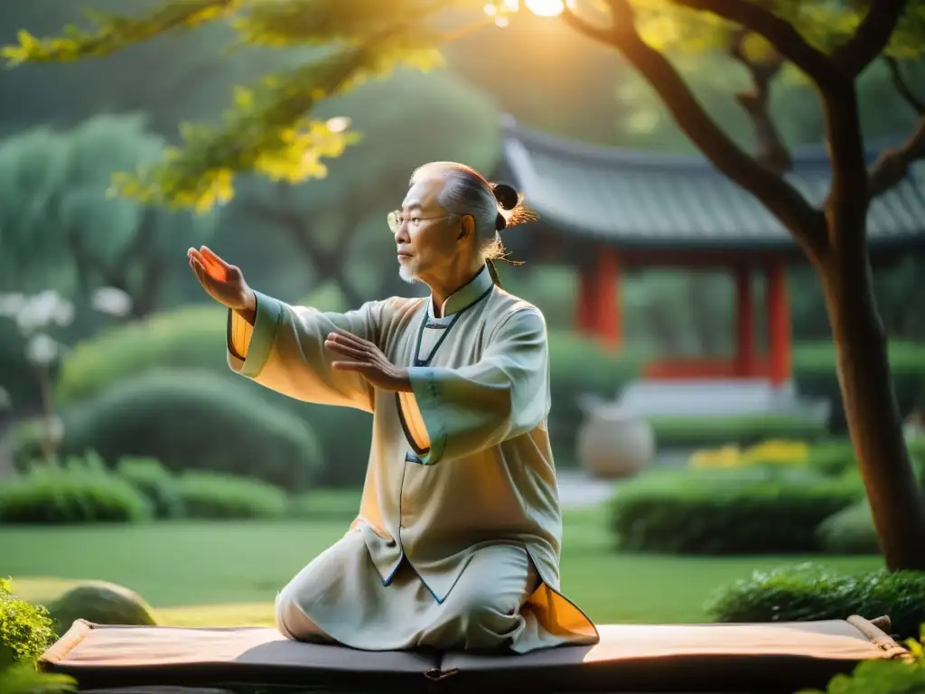 Un anciano practicante de qigong realiza movimientos elegantes al amanecer en un jardín exuberante