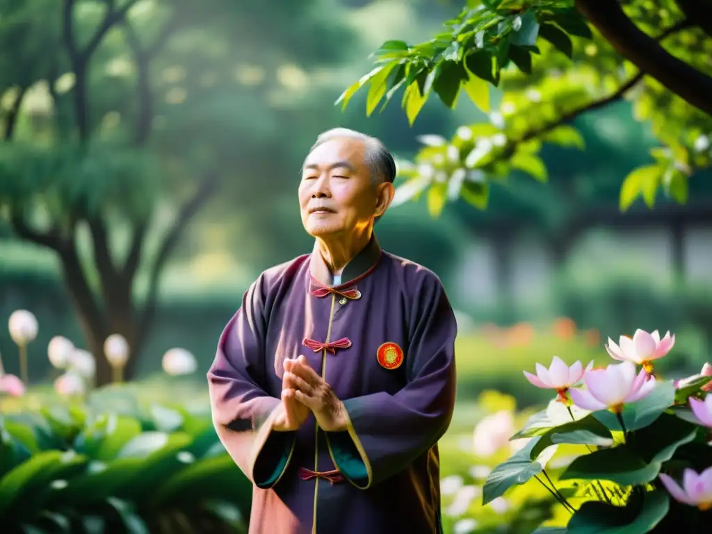 Un anciano practica Qigong en un jardín sereno y exuberante, conectando con la naturaleza