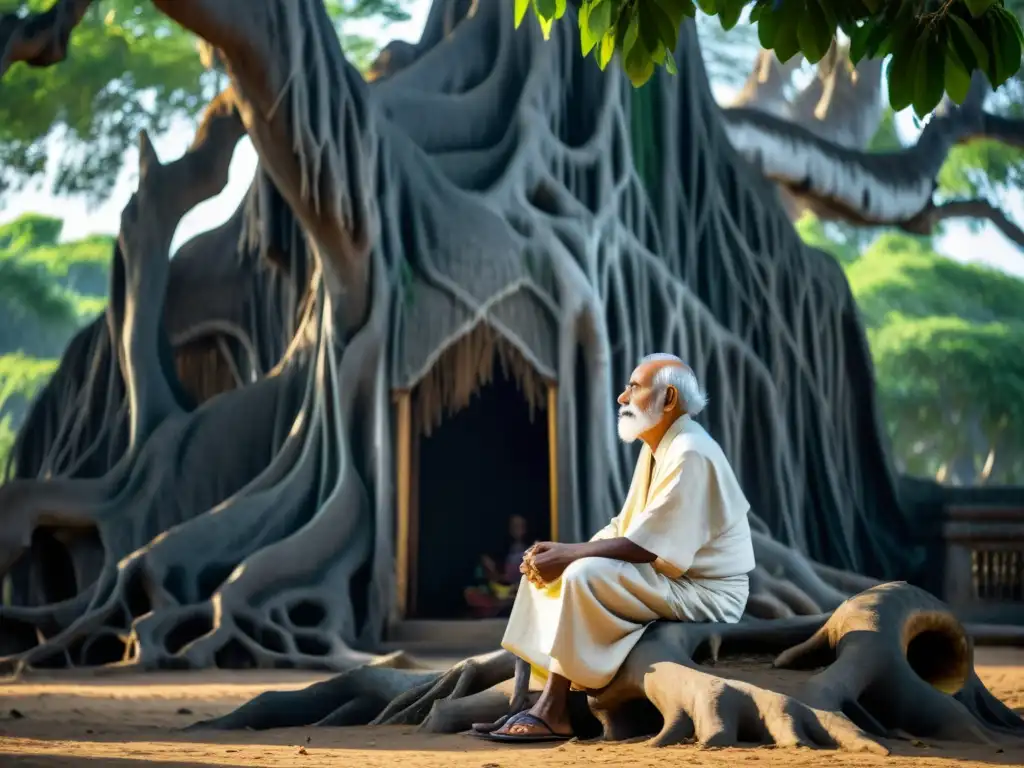 Un anciano sabio en meditación bajo un árbol banyan, compartiendo la NoDualidad en el Advaita Vedanta con sus discípulos