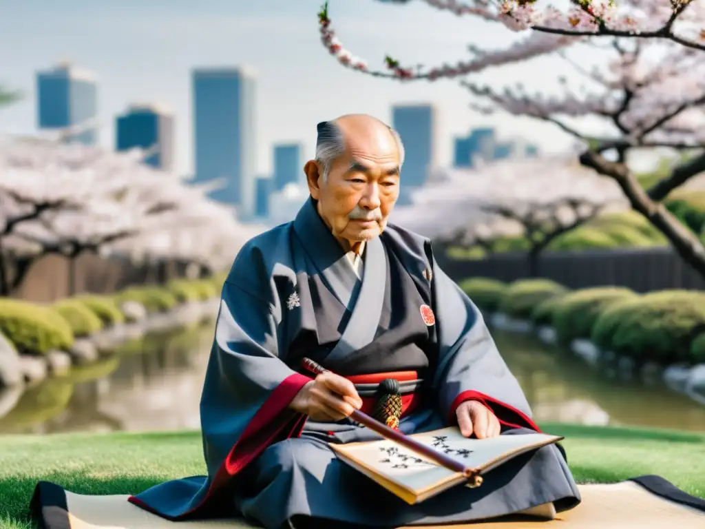 Un anciano samurái japonés crea caligrafía con precisión en un jardín tranquilo, con un trasfondo de la moderna Tokio