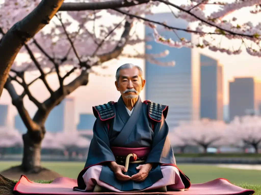 Un anciano samurái medita bajo un cerezo en flor, con los valores del Bushido en Japón contemporáneo