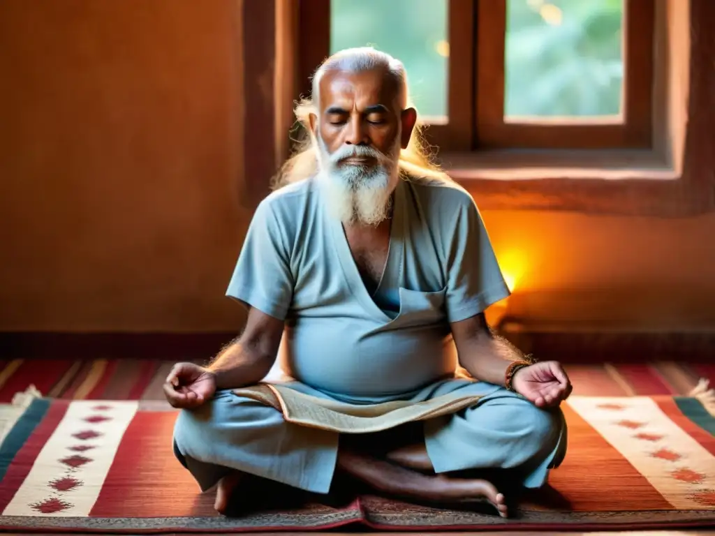 Un anciano gurú medita en un tapete indio, emanando sabiduría y tranquilidad