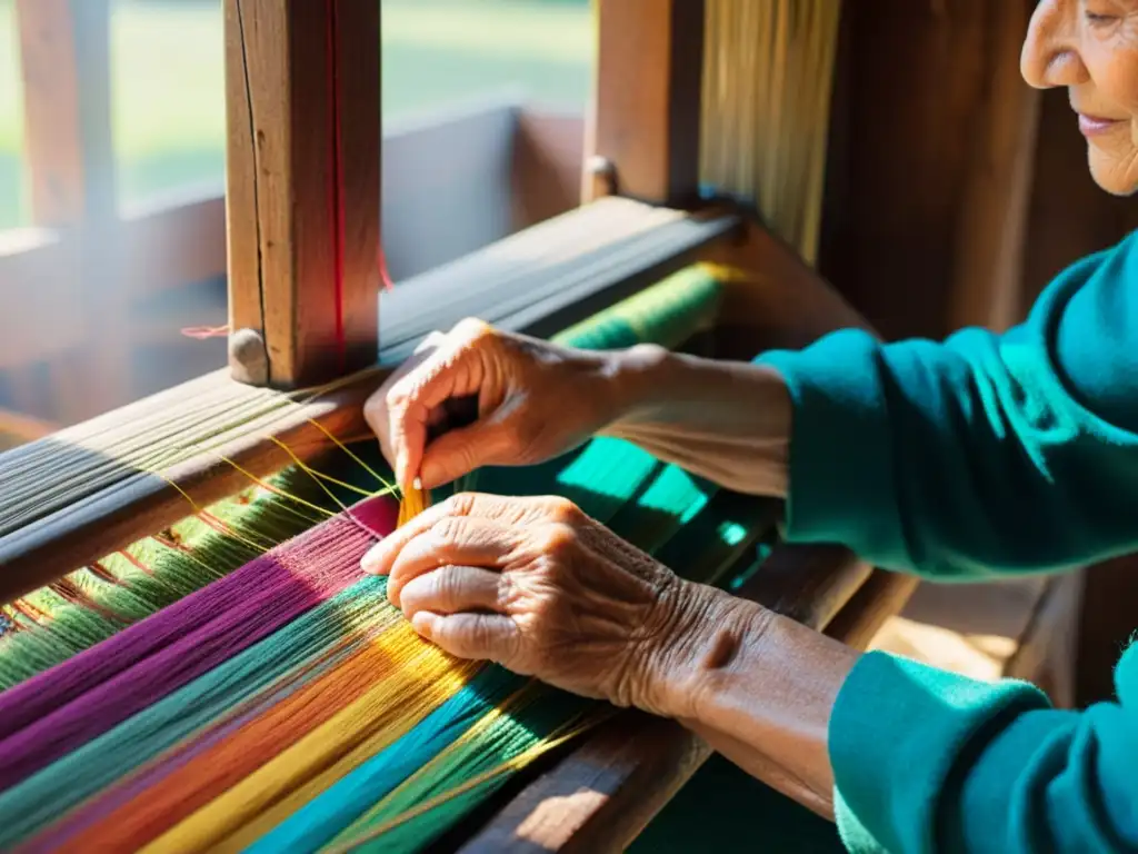 Un anciano tejedor asiático atando hilos de colores en un telar tradicional