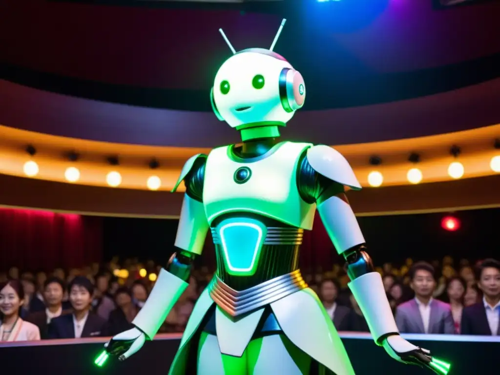 Un androide con atuendo japonés cautiva a la audiencia en un escenario iluminado por luces de neón