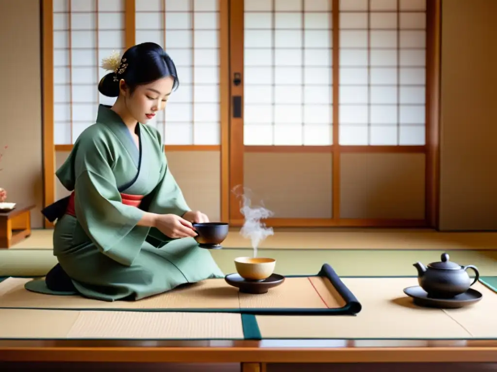 Una anfitriona con kimono vierte té en tazas delicadas mientras los invitados observan en silencio respetuoso, en una ceremonia japonesa tradicional
