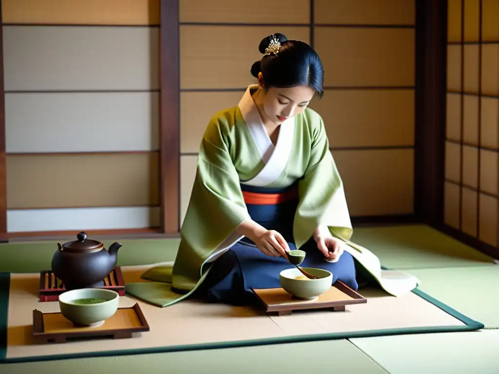 Una anfitriona viste kimono en una tradicional ceremonia de té japonesa, creando una atmósfera de tranquilidad y atención plena