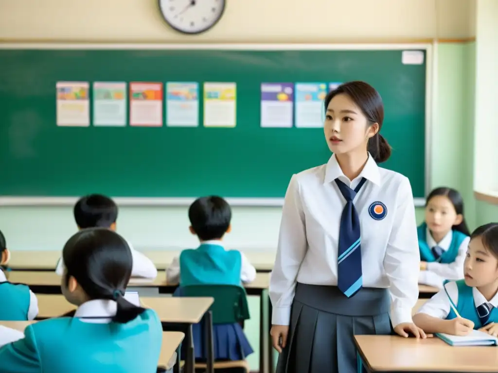 En una animada aula de Corea del Sur, los estudiantes lucen uniformes impecables mientras se concentran en sus estudios