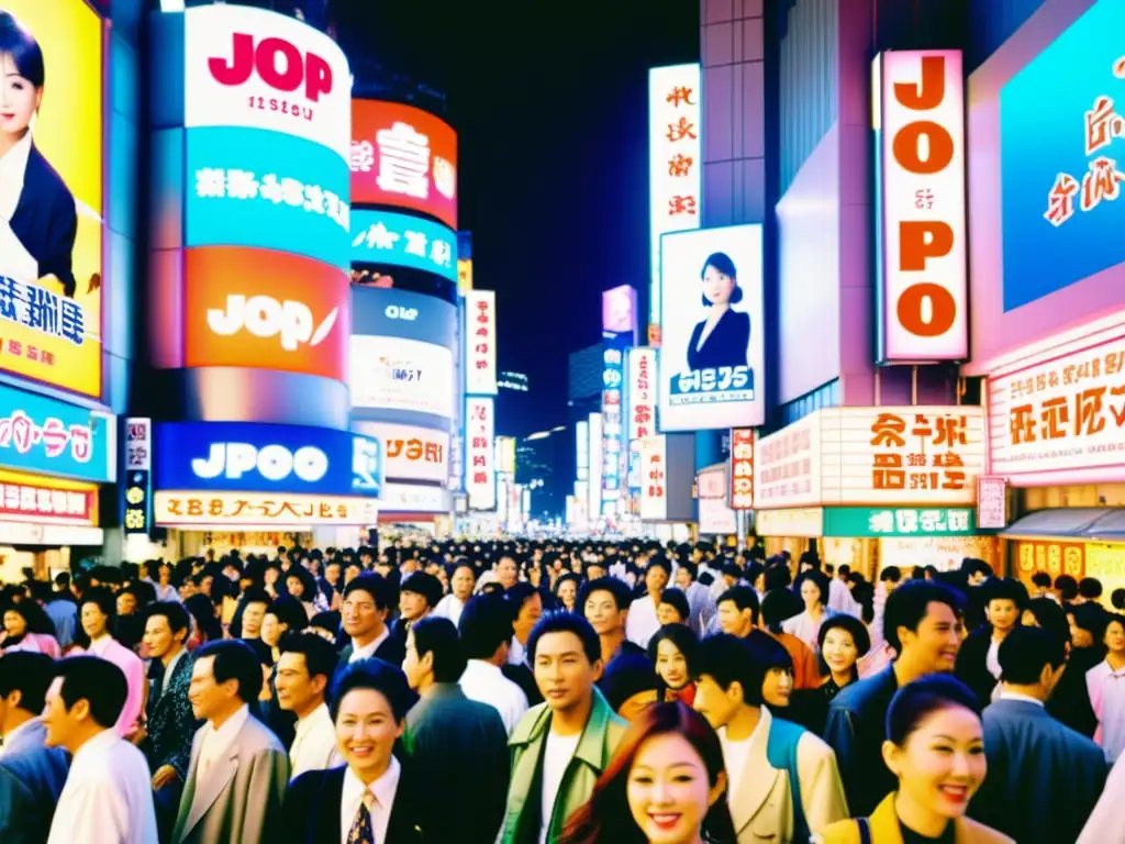 Una animada calle de Tokio en los 90, llena de carteles de JPop, moda y luces de neón, capturando la evolución del JPop años 80