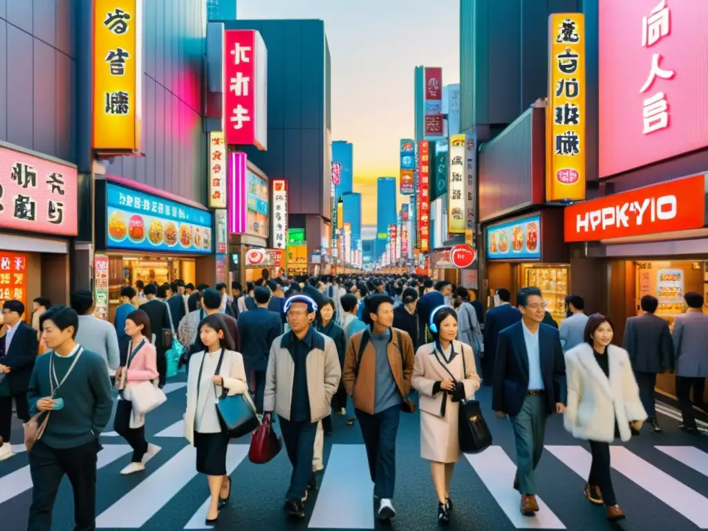 Una animada calle de Tokio con auriculares de cancelación de ruido potentes, reflejando la diversidad y modernidad de la sociedad asiática