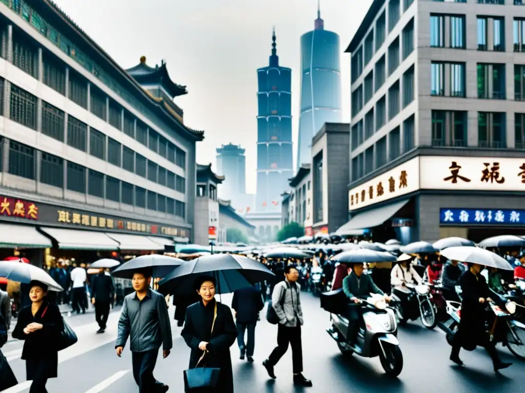 Una animada calle de Beijing, con gente caminando entre edificios altos y vendedores callejeros