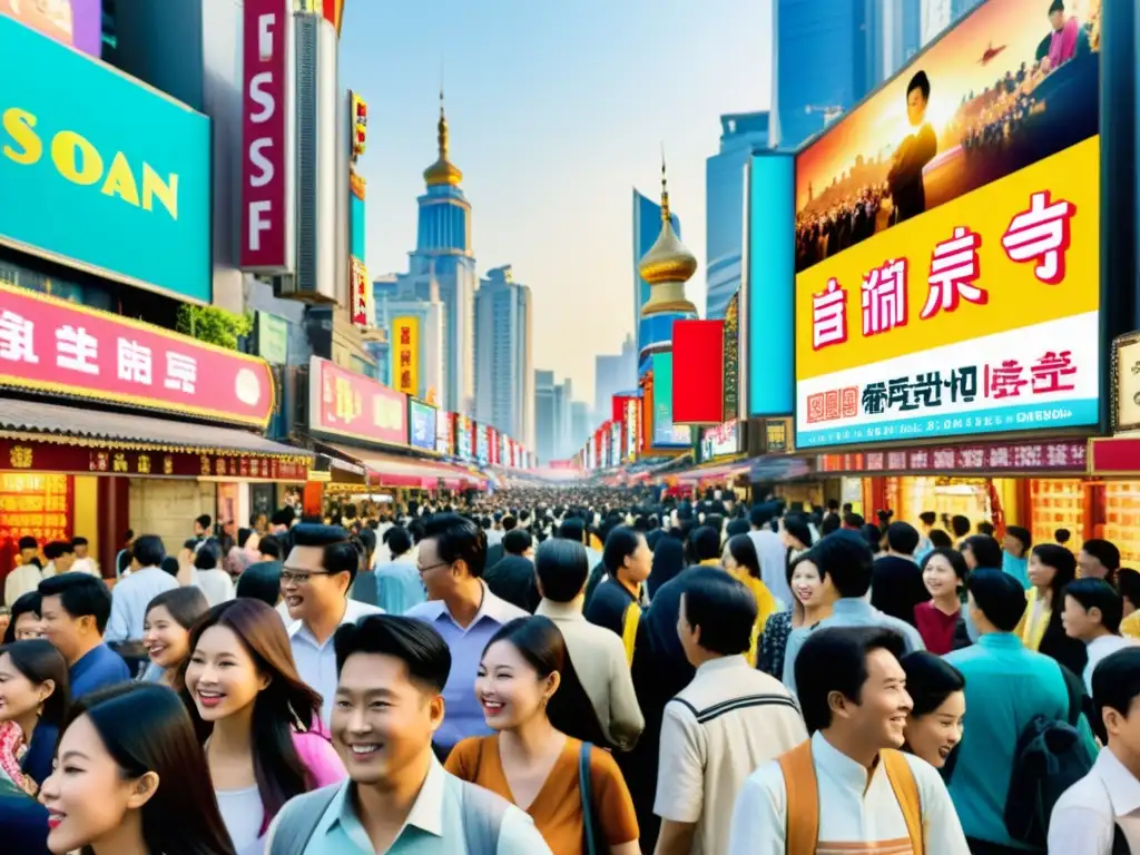 Animada calle en una ciudad asiática con carteles de festivales de cine, mostrando la fusión de cine tradicional y talento contemporáneo