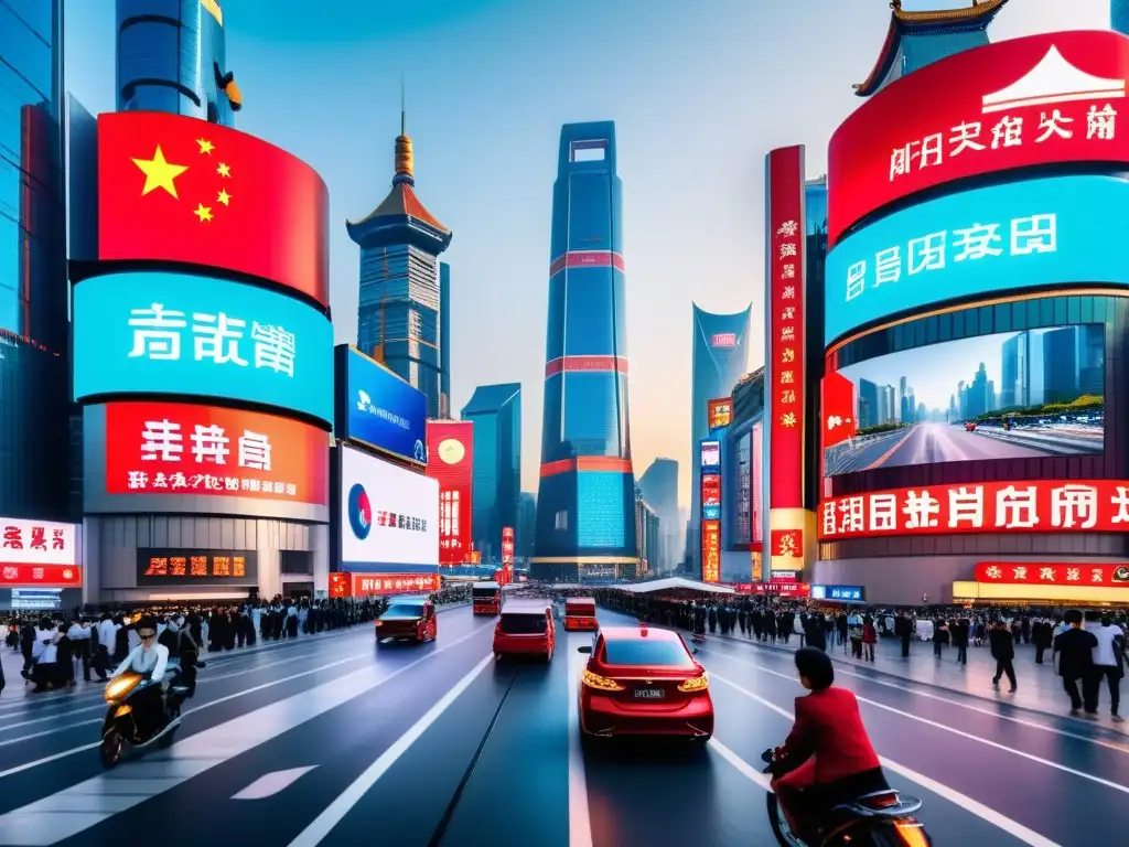 Animada calle en una ciudad china con rascacielos futuristas y tecnología de IA, reflejando el liderazgo de China en Inteligencia Artificial