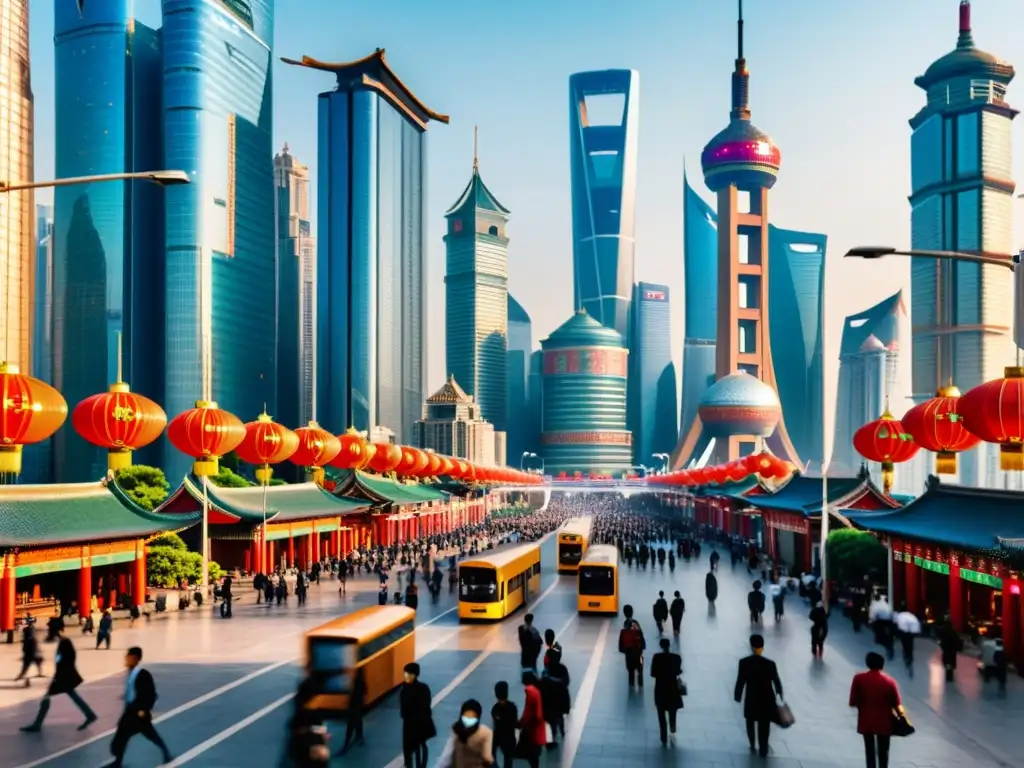 Calles de China en 8k: Tradición y tecnología Una animada calle de la ciudad china con arquitectura tradicional y modernos rascacielos, donde el smartphone chino redefine la conectividad