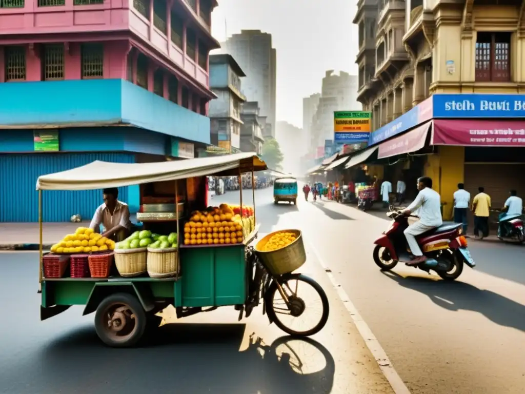 Animada calle de Mumbai al amanecer, con colores vibrantes y detalles de vendedores callejeros, reflejando la rica vida cotidiana de la India