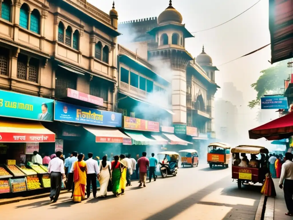 Animada calle de Mumbai con coloridas tiendas y afiches de Bollywood