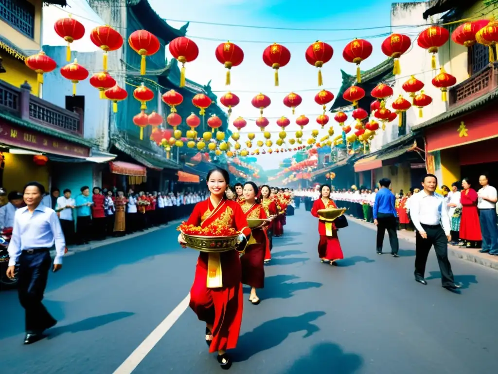 Animada calle en Vietnam durante Tet Nguyen Dan, con decoraciones rojas y doradas, familias celebrando la Significación Año Nuevo Vietnamita