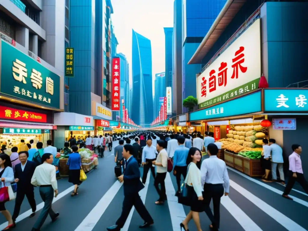 Una animada calle en una importante ciudad asiática, con arquitectura tradicional y moderna