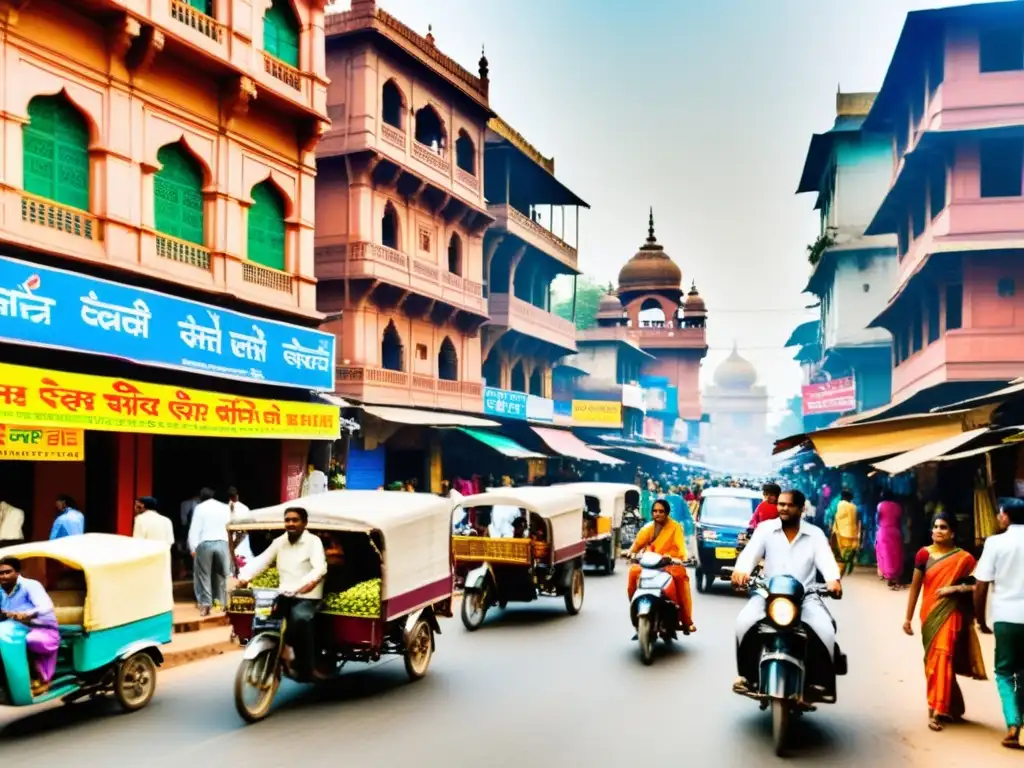 Animada calle india con rickshaws, bicicletas, mujeres con sarees y mezcla de arquitectura histórica y rascacielos