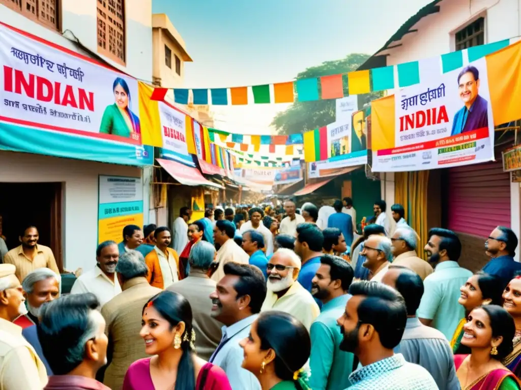 Animada calle de la India durante un festival de cine regional, con carteles coloridos promocionando el diverso cine regional indio