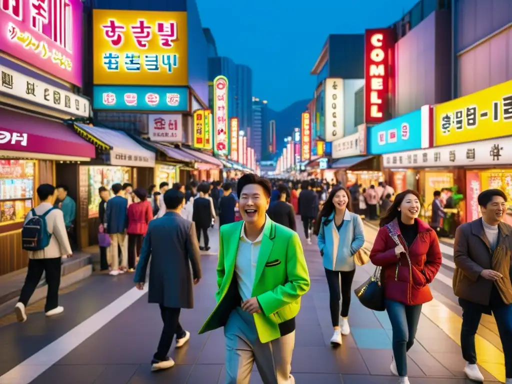 Animada calle de Seúl, con letreros de neón y gente riendo, reflejando la cultura de comedia asiática contemporánea