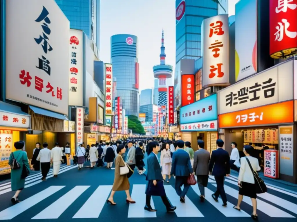 Animada calle en Tokio, Japón, con letreros tradicionales japoneses y anuncios de marcas globales