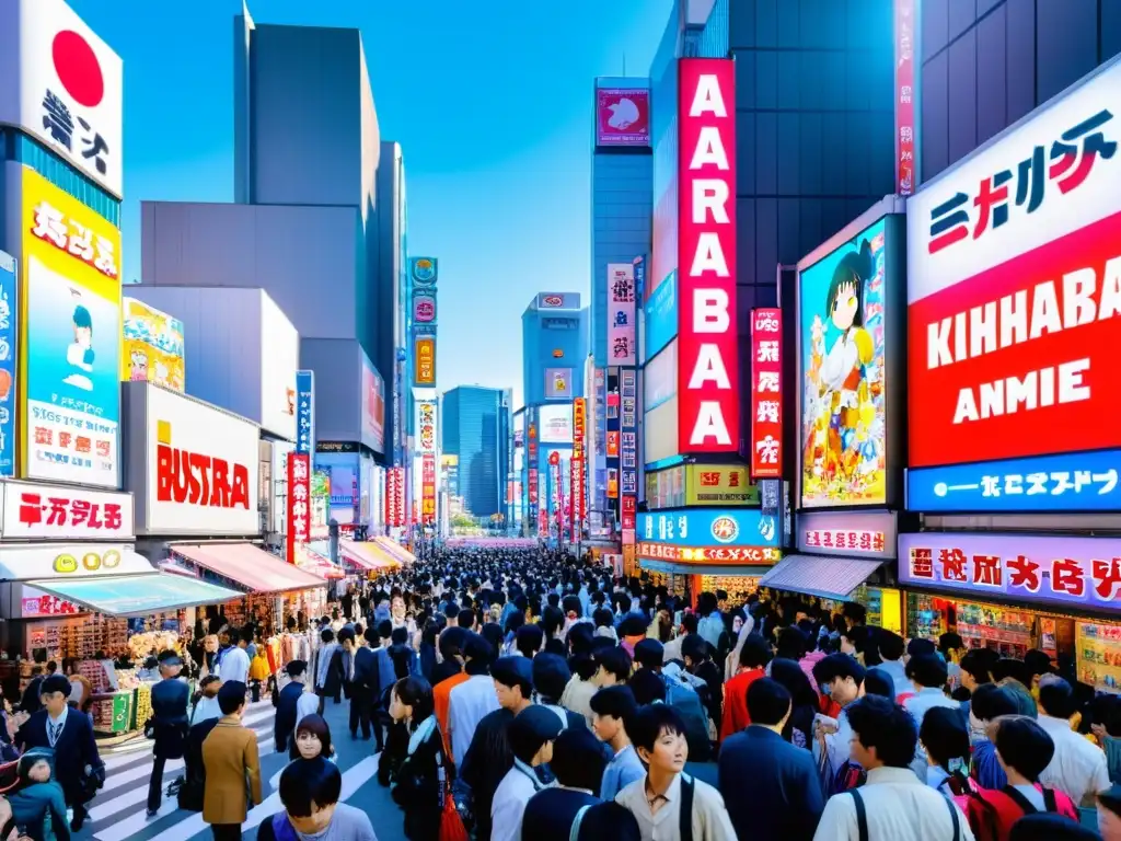 Una animada calle de Akihabara, Tokio, llena de carteles de anime y manga, cosplayers y tiendas coloridas