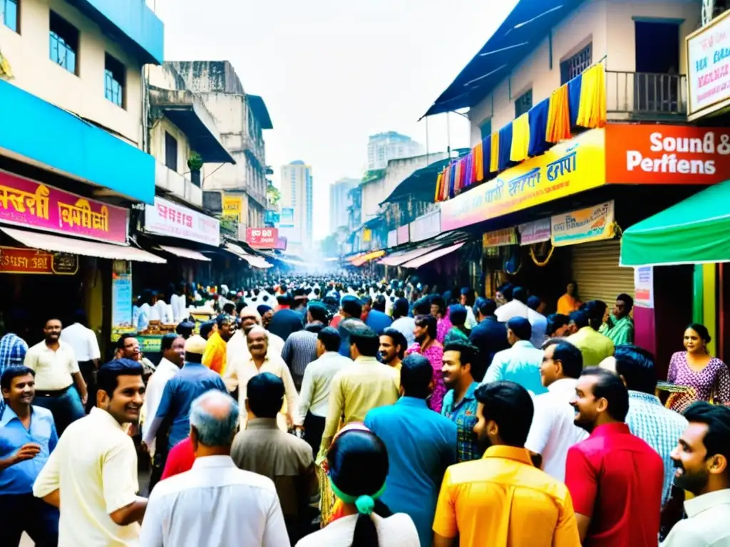 Calles vibrantes y melódicas de Mumbai: la esencia de Bollywood Una animada calle de Mumbai, India, llena de colores y música tradicional
