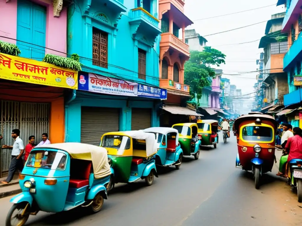 Animada calle en Kolkata, India, llena de colores vibrantes y actividad caótica