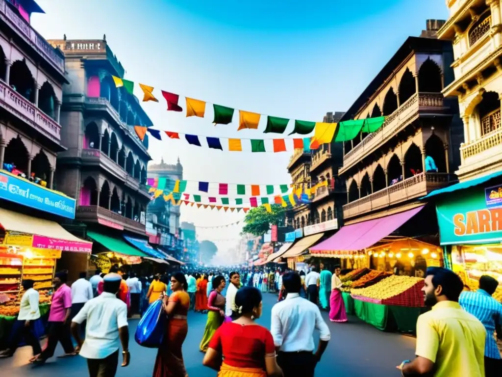 Una animada calle de Mumbai, India, llena de coloridas personas y arquitectura histórica