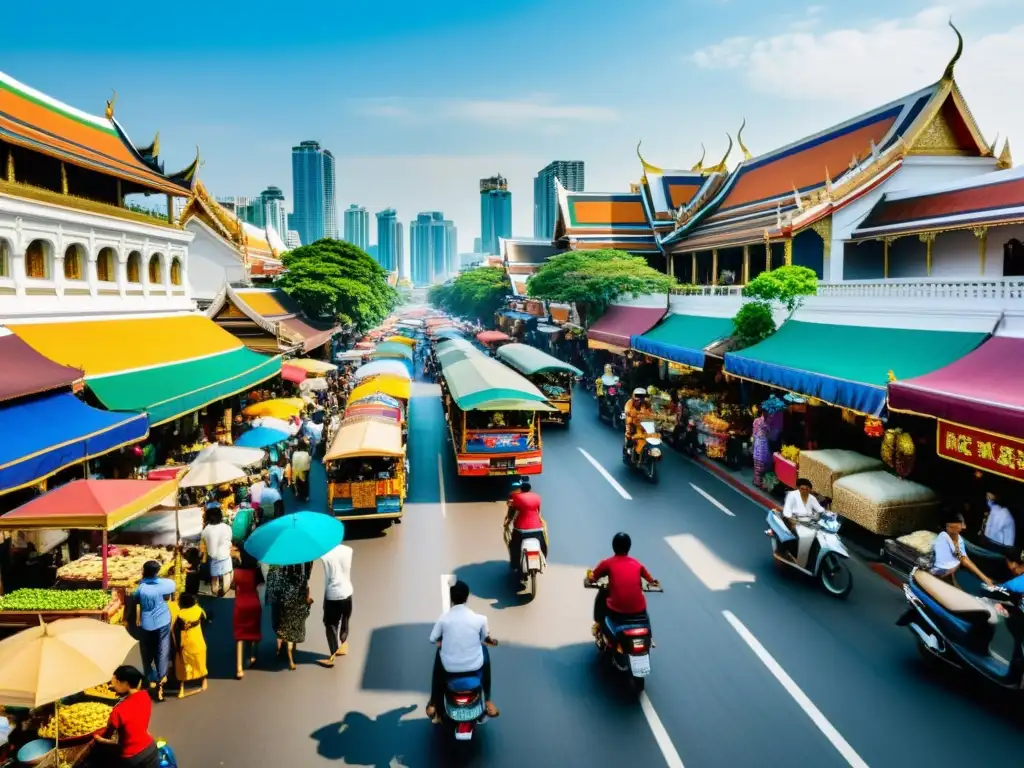 Una animada calle de Bangkok, Tailandia, llena de gente de diversas culturas y actividades diarias