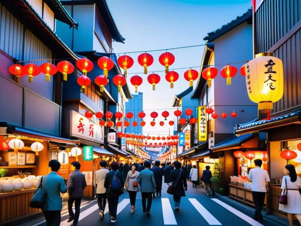 Una animada calle de Tokio, Japón, llena de luces de neón, peatones y faroles tradicionales