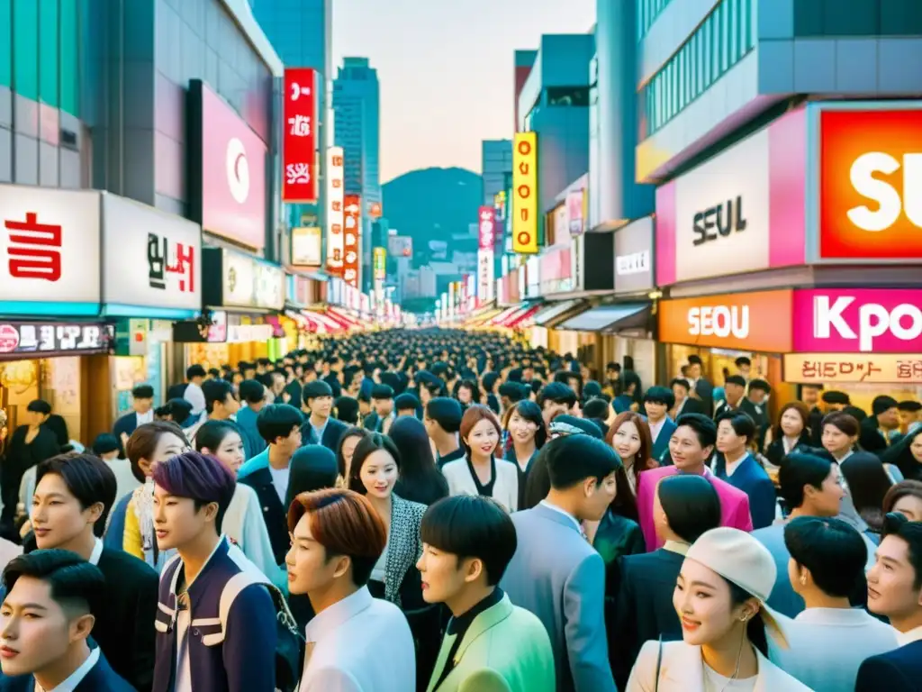 Una animada calle de Seúl llena de moda K-Pop, reflejo de la sociedad coreana