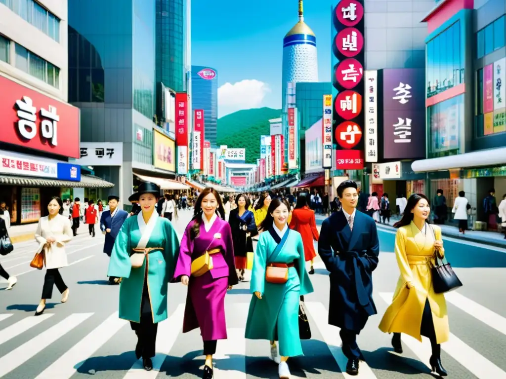 Una animada calle de Seúl llena de moda y energía, reflejando la influencia de la Revolución Hallyu Corea en la moda mundial