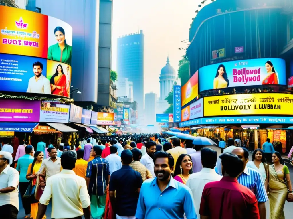 Vibrante calle de Mumbai: Bollywood, luces y caos Animada calle de Mumbai, India, llena de vallas publicitarias coloridas de películas de Bollywood