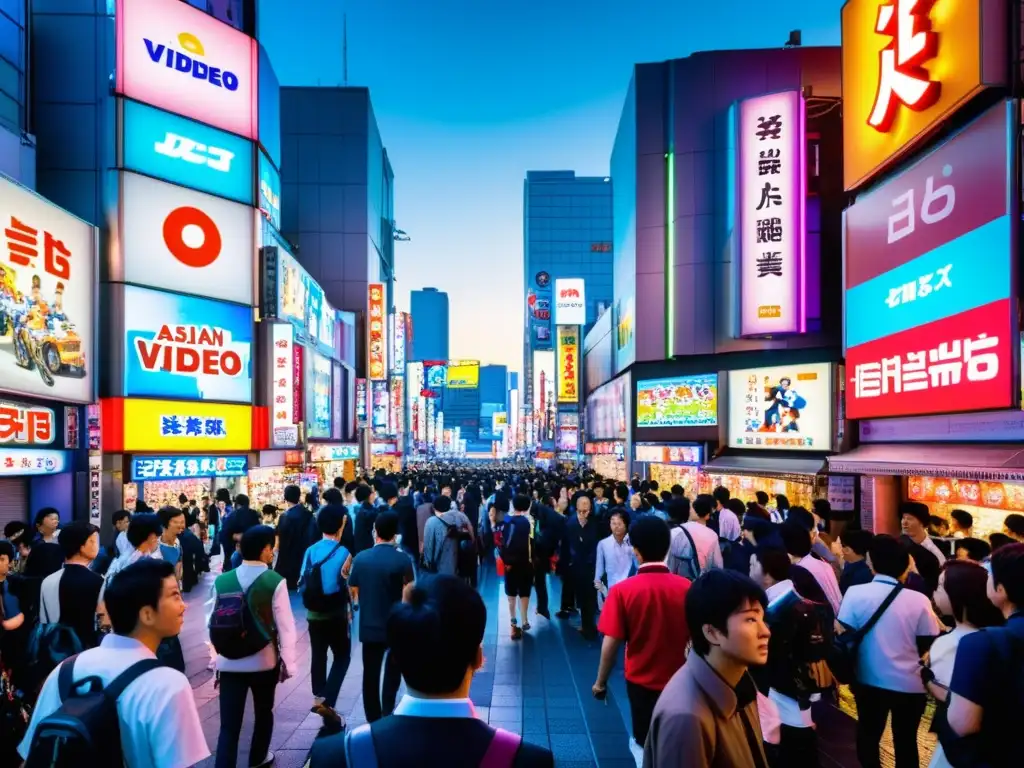 Animada calle de Akihabara, Tokio, con luces de neón y entusiastas de consolas de videojuegos asiáticas explorando lanzamientos