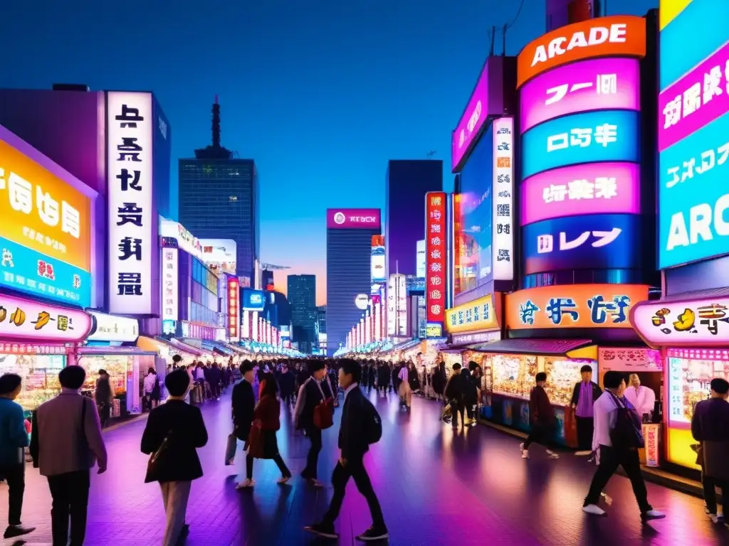 Una animada calle neoniluminada de Tokio, Japón, llena de arcades de videojuegos, refleja el valor cultural de los videojuegos asiáticos