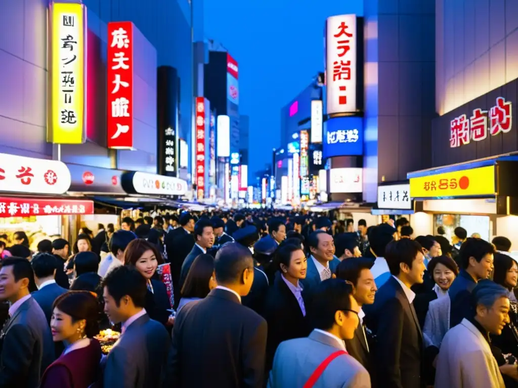 Animada calle de Shibuya en Nochevieja, con luces de neón, kimonos elegantes y bullicio festivo