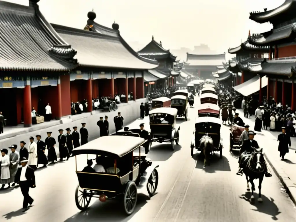 Una animada calle de Pekín en 1911 durante la Revolución Xinhai, con una fusión de culturas chinas y occidentales