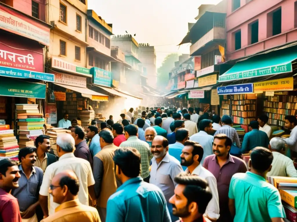 Una animada calle de Delhi, India, rebosante de librerías y publicaciones sobre India